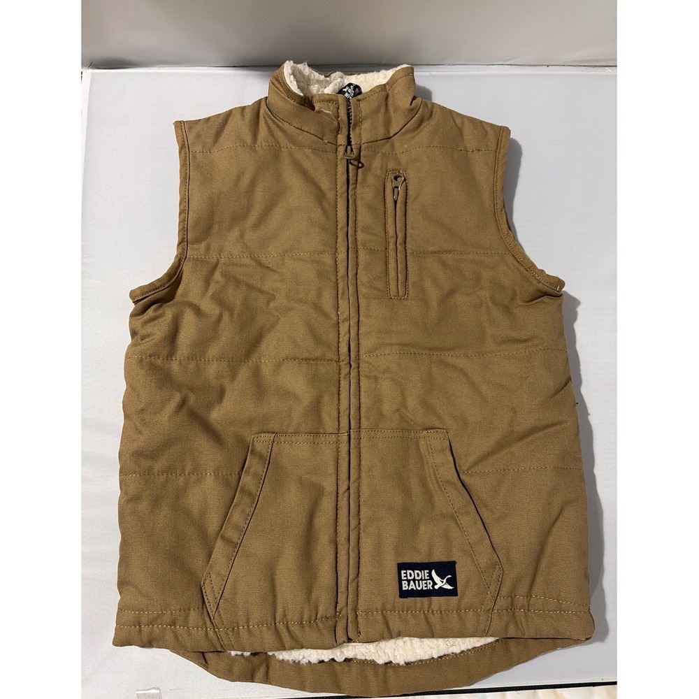 Eddie Bauer Kids Brown Canvas Sherpa Lined Puffer Vest Size 7/8 Full Zip